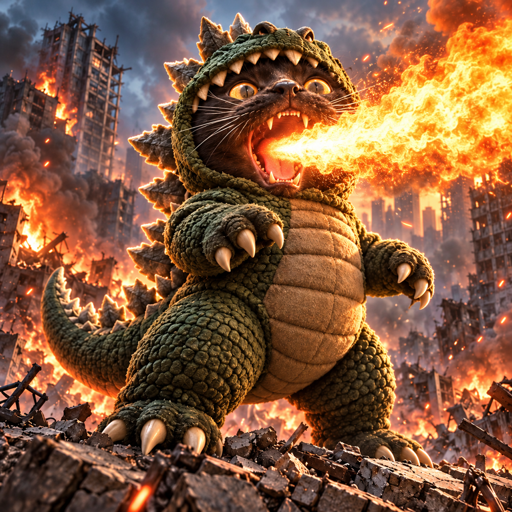 CATZILLA, a black cat in a Godzilla costume, breathing fire in a ruined city